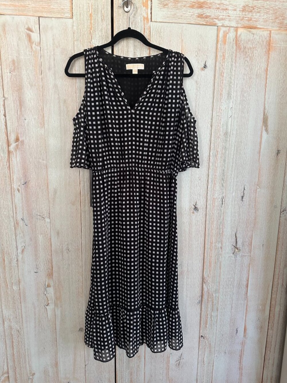 Michael Kors Black & White Gingham Open Shoulder Dress